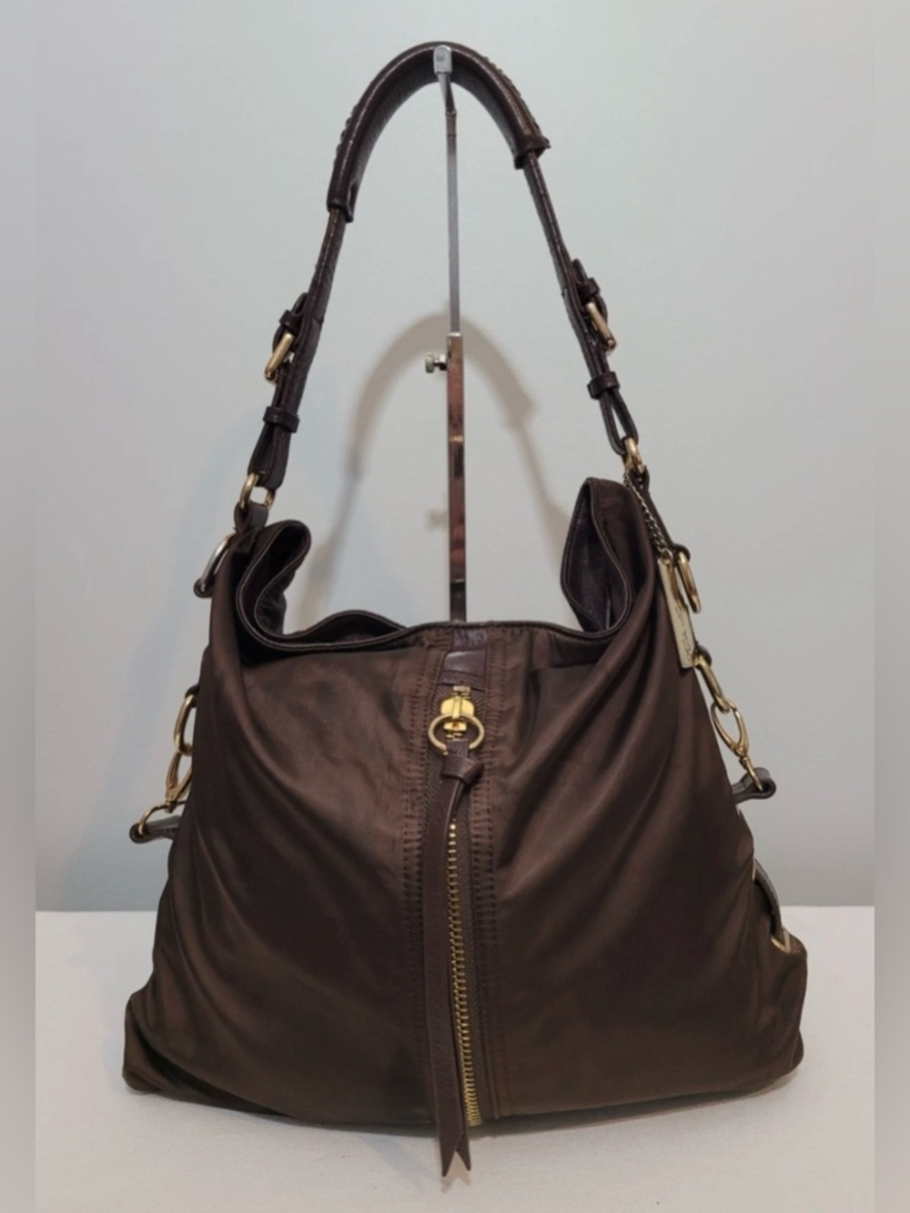 Kate Landry Hobo Shoulder Bag Dark Brown Nylon Leather Trim Y2K